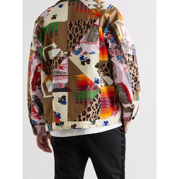 Sacai Tan Animal Mixed Print Patchwork Cotton Velvet Collar Zip Jacket 4 / XL - Picture 2 of 16